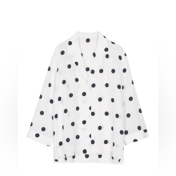 Black and White Polka Dot Three-Quarter Sleeve Silk Blouse - Picture 2 of 12